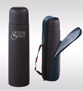 BK Gift Kişiye Özel 5750 Siyah Deri Çantalı Seyahat Termosu 750ml