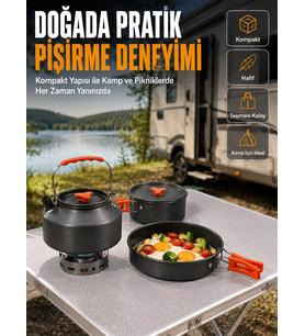 Alüminyum Kamp Pişirme Seti Katlanabilir Kulplu Çaydanlık Tencere Tava Outdoor Yemek Seti