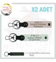 Motor Tutkunlarına Özel, İsim Plaka ve A Rh (+) Kan Grubu Yazılı Deri x2 Anahtarlık, Pudra-Beyaz-Ysl