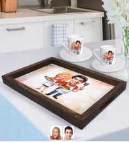 BK Gift Kişiye Özel Sevgililer Karikatürlü Doğal Ahşap Tepsi ve 2’li Kahve Fincan Seti-57