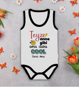 BK Kids Kişiye Özel Teyze Anne Gibi Siyah Biyeli Askılı Sıfır Kol Bebek Body Zıbın, Yeni Doğan Bebek Hediyesi