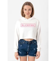 Blackpink Ekru Kadın Crop Kapşonlu