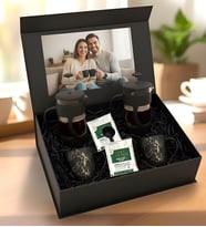 Kişiye Özel Fotoğraflı Lüks Kahve Hediye Seti  2'li French Press ve 2'li Gold Mermer Desenli Kupa Seti Tek İçimlik Filtre Kahve