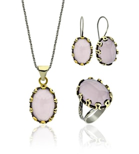 Pembe Kuvars Taşlı Otantik Gümüş Kadın Set