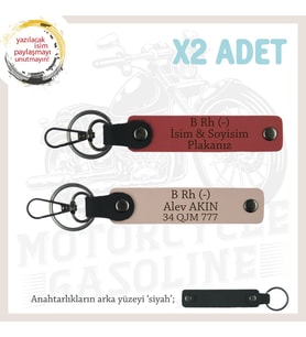 Motosiklet Sevene, İsim Plaka, B Rh (-) Kan Grubu Acil Durum x2 Anahtarlık, Nar Çiçeği-Yavruağzı-Syh (Çok Renkli)