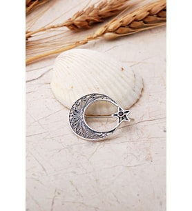 Ay Yıldız Telkari İşlemeli Elişi Lal Taşlı 925 Ayar Gümüş Broş 363