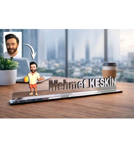Kişiye Özel Tatile Giden Personel Karikatürlü 30 cm Ayna Pleksi Masaüstü İsimlik - Ofis Hediyesi