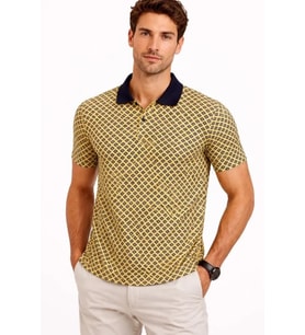 Erkek Pike Kumaş Polo Yaka Desenli Tişört Kısa Kol Yazlık T-Shirt - Sarı