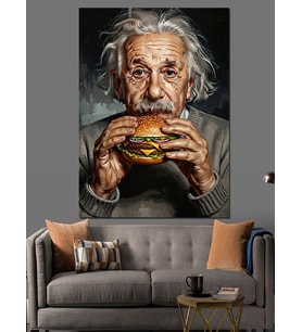Burger Yiyen Albert Einstein Portresi Dekoratif Kanvas - Mdf Ahşap Tablo