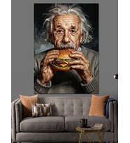 Burger Yiyen Albert Einstein Portresi Dekoratif Kanvas - Mdf Ahşap Tablo