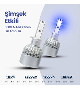 C6 Led Xenon Far Ampulü Şimşek Etkili 5800LM Chip on Board 10000K Deli Mavi H3
