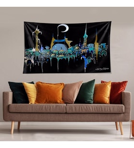 Suluboya İstanbul Cami Ramazan Tema Leke Tutmaz Kadife Doku Kumaş Duvar Örtüsü Duvar Halısı Tapestry (Karışık)
