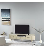 Duru Tv Sehpası Cappuccino Gümüş 2 Kapaklı 1 Çekmeceli Mebran Kapaklı Oval Tasarım 180x40x50 Cm