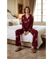Kadın Ayıcık Desenli Pijama Takımı Gömlek Yaka Uzun Fonksiyonel Dayanıklı Kaliteli Estetik