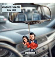 Kişiye Özel 2 Kişilik Sevgili Evli Karikatürlü 10 cm MDF Araç Dikiz Aynası Süsü - Sevgiliye ve Eşe Hediye Çiftlere Özel Hediye