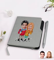 BK Gift Kişiye Özel Sevgililer Karikatürlü Gri Termo Deri Defter Kalem Seti-107