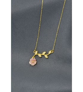 925 Ayar Gümüş Gold Kaplama Taşlı Pembe Sedef Manolya Çiçeği Kolye