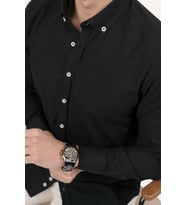 Siyah Yaka Düğmeli Keten Slimfit Hediye Kutulu Erkek Gömlek (Siyah)