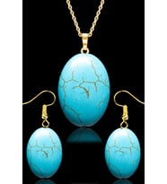 Sertifikalı Oval Model Firuze Taşı Kolye ve Küpe Seti - 24k Altın Kaplama (Çok Renkli)