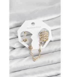 Pirinç Gold Renk Sarmal Model Zincir Bağlantılı Ear Cuff Küpe Seti - TJ-BKP11536