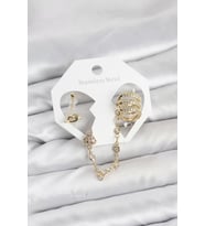 Pirinç Gold Renk Sarmal Model Zincir Bağlantılı Ear Cuff Küpe Seti - TJ-BKP11536