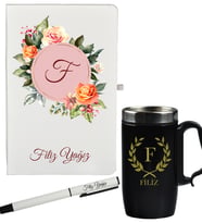 Kişiye Özel Şık Çiçek ve İsim Tasarımlı Hediye Defter Kalem Ve Siyah Termos Mug Seti
