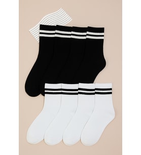 Unisex 5 li paket Siyah Beyaz Çizgili Kolej Çorap (5 Pairs)
