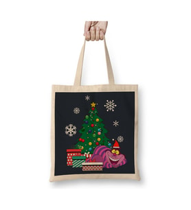 Cheshire Cat Around The Christmas Tree Wonderland Beyaz Bez Çanta Uzun Saplı Alışveriş Çantası