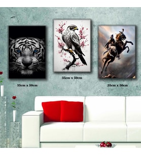 kaplan daldaki kuş şahlanan at üzerinde savaşçı tablosu 3 adet 35cmx50cm kumaş baskılı canvas tablo