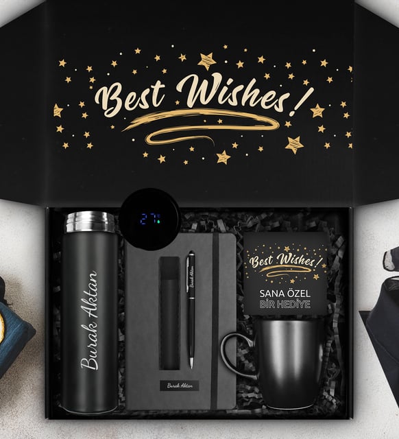 Kişiye Özel 500 ML Dereceli Termos & Kişiye Özel Defter & Kişiye Özel Deri Kılıflı Touch Pen Kalem & Siyah Kupa Hediye Seti