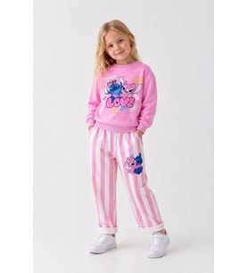 Love Baskılı Eşofman Çizgili Detaylı Kız Çocuk Sweatshirt & Eşofman Alt Üst Takım - Pembe