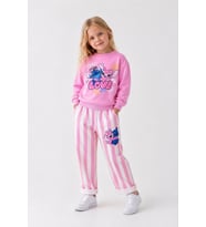 Love Baskılı Eşofman Çizgili Detaylı Kız Çocuk Sweatshirt & Eşofman Alt Üst Takım - Pembe