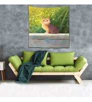 Kedi Desenli Yıkanabilir Leke Tutmaz Mikropetek Kumaş Duvar Örtüsü Duvar Halısı Tapestry (Yeşil)
