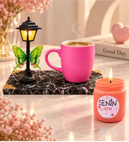 Sokak Lambalı Pembe Kupa ve Kokulu Mum Siyah Mermer Kaideli