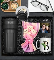Kişiye Özel Çelik 700 ML Dereceli Termos & Kişiye Özel Kupa & Üçlü Peluş Ayıcık Buketi & Fotoğraf Çerçevesi Hediye Seti
