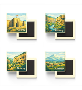Aksaray - Baskılı Buzdolap Magneti Kare - 9x9 cm - 4 Adet
