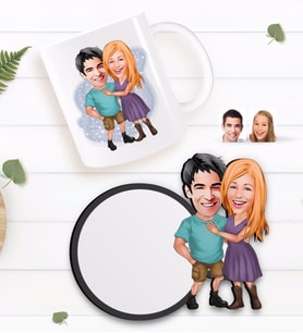BK Gift Kişiye Özel Sevgililer Karikatürlü Beyaz Kupa ve Ahşap Bardak Altlığı Hediye Seti-80