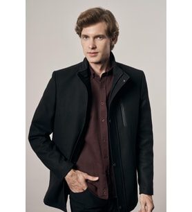 Siyah Dik Yaka Tam Astar Classic Slim Fit Esnek Kaşe Kaban 1008255150