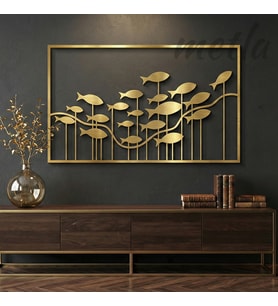 Metla Metal Çerçeveli Balık Sürüsü Gold ve Siyah Modern Metal Duvar Tablosu Salon Ofis Dekorasyonu ve Hediye Seçeneği