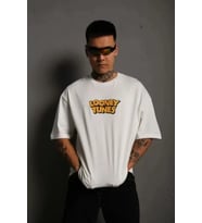 pilelistore- Unisex Bisiklet Yaka Baskılı Oversize T-Shirt - Beyaz