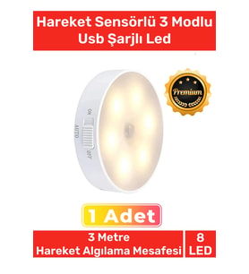 Premium Üretim Mıknatıslı 3 Mod Pratik Hareket Sensörlü 8 Ledli Usb Şarjlı Beyaz Işık Gece Lambası