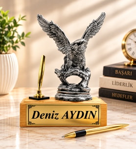 Kişiye Özel İsimli Tasarım Büyük Boy Kartal Heykeli ve İmza Kalemi Doğal Ahşap Kaideli Ofis Hediyesi