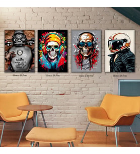 iskelet skull motosiklet harley resimli 4lü hd baskılı kanvas tablo resim
