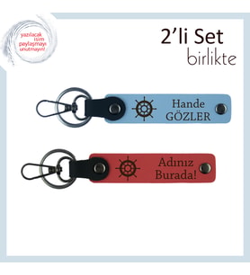 Rotanı Belirleyen Hediyelik Tasarım, Gemi Dümeni Figürlü Deri Set, Gök Mavi-Nar Çiçeği