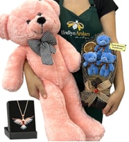 Kişiye Özel 3'lü Peluş Ayıcık Buketi, Renkli Anka Kuşu Kolye ve Pembe Peluş Ayıcık (Model 2)