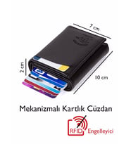 Adelina Erkek Siyah Deri Mekanizmalı Otomatik Kızaklı Kartlık Cüzdan (7cmX10cm)
