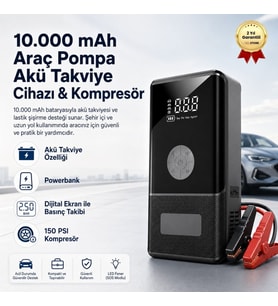 10.000 mAh Araç Pompa Akü Takviye Cihazı & Kompresör 150 PSI Dijital Ekran Jump Starter Powerbank LED Fener