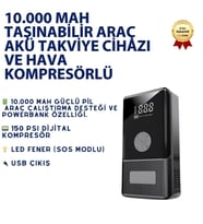 10.000 mAh Araç Akü Takviye Cihazı & Kompresör 150 PSI Dijital Ekran Jump Starter Powerbank LED Fener