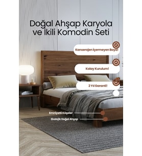 Alaz Model Yatay Başlıklı Masif Ahşap Karyola ve 2 Adet Komodin Kolay Kurulum Fırınlanmış İthal Sibirya Çamı 120x200 Yatak Uyumlu 2 Adet Komodin