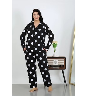 Kadın Büyük Beden Pamuklu Cepli Düğmeli Siyah Pijama Takım